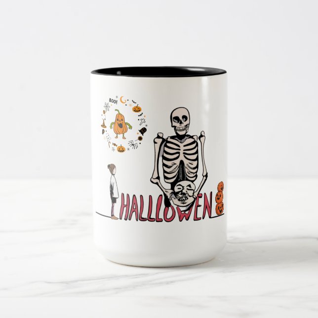 Caneca De Café Em Dois Tons Halloween Skeleton e Pumpkins (Centro)