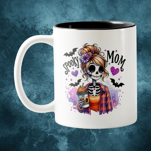 Caneca De Café Em Dois Tons Halloween Spooky Mãe Esqueleton Messy Bun Personal (Criador carregado)