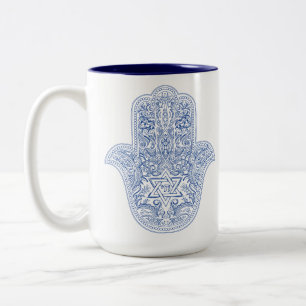 Caneca De Café Em Dois Tons Hamsa Café Mug - Azul e Branco - Judaica Gifts