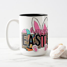 Caneca De Café Em Dois Tons Happy Easter Bunny Ears Leopard Print Plaid Graphi