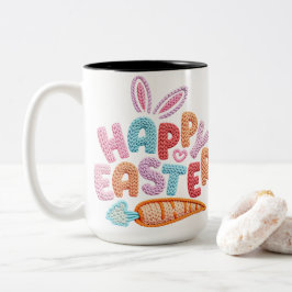 Caneca De Café Em Dois Tons Happy Easter Knitted Texture Bunny Ears Carrot Pas