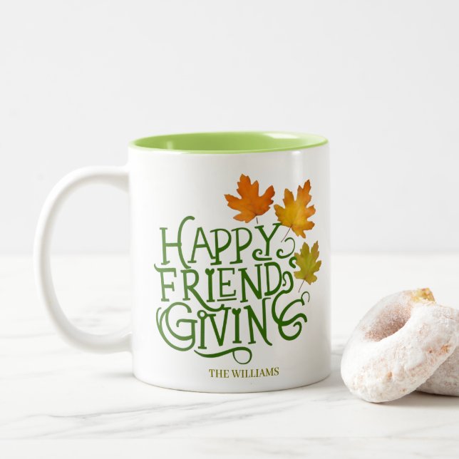 Caneca De Café Em Dois Tons Happy Friendsgiving Fall Leaves Mug (Com Donut)