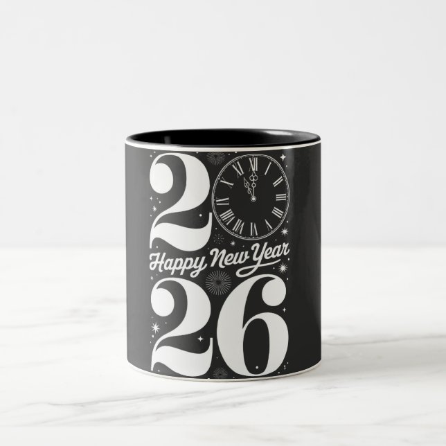 Caneca De Café Em Dois Tons Happy New Year 2026 Midnight Clock Countdown (Centro)