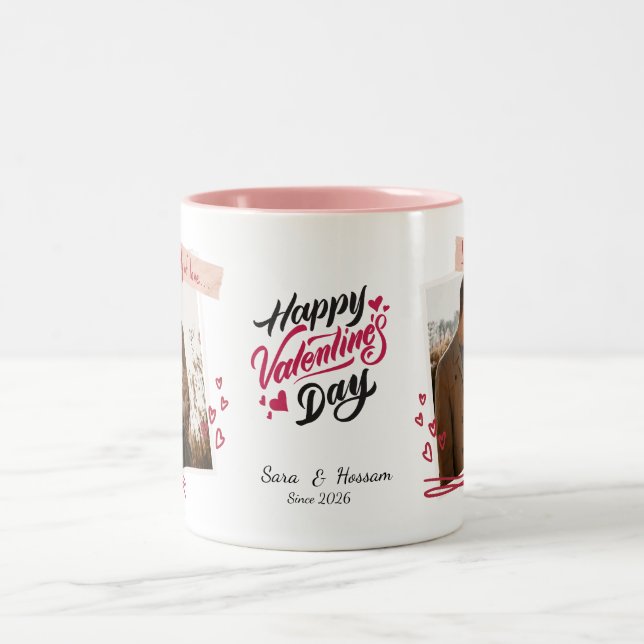 Caneca De Café Em Dois Tons Happy Valentine’s Day Custom Photos & Names Mug  (Centro)