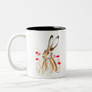 Caneca De Café Em Dois Tons Hare Watercolor Páscoa Rabbit Animal Russo Floral