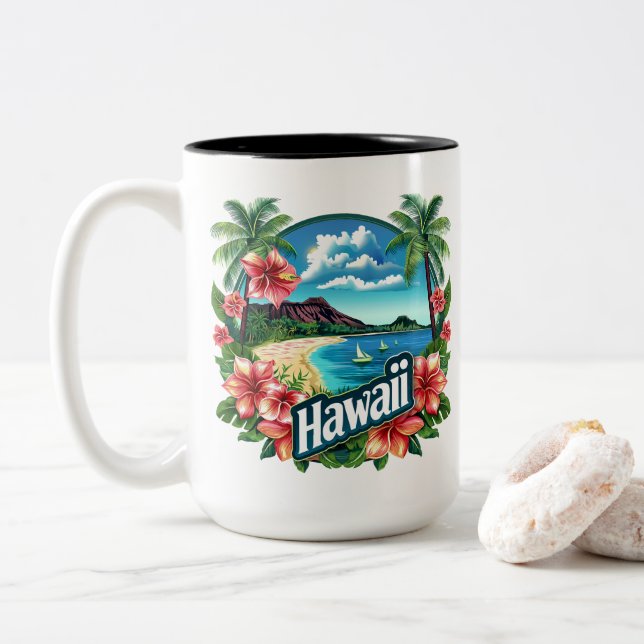 Caneca De Café Em Dois Tons Hawaii Beach Mountain Tropical Flowers Viagem Art (Com Donut)