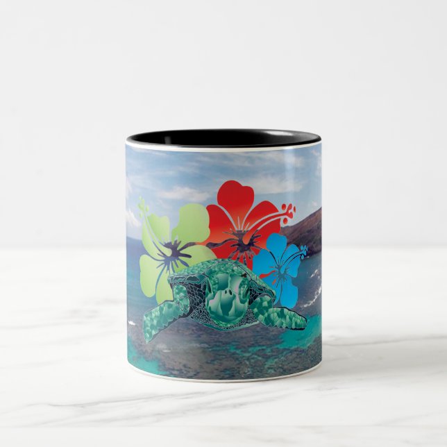 Caneca De Café Em Dois Tons Hawaii Hibiscus Flowers and Turtle (Centro)