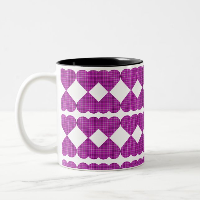 Caneca De Café Em Dois Tons Heart Plaid Purple Black Pink (Esquerda)