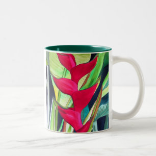 Caneca De Café Em Dois Tons Heliconia Lobster Claw, flor de aquarela tropical