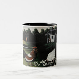 Caneca De Café Em Dois Tons Hen com seus Pintinhos em uma paisagem rural
