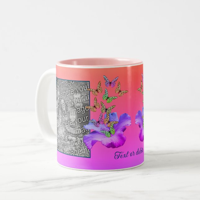 Caneca De Café Em Dois Tons Hibiscus E Borboleta Adicione Sua Foto Personaliza (Frente Esquerda)