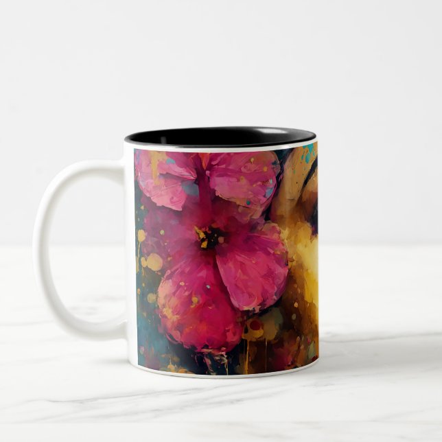 Caneca De Café Em Dois Tons Hibiscus rosa-negrito e Retrato Abstrato feminino (Esquerda)