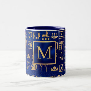 Caneca De Café Em Dois Tons Hieróglifos Egípcios e Inicial Personalizada