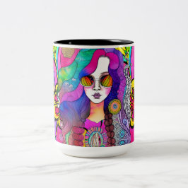 Caneca De Café Em Dois Tons Hippy Art Female com óculos Sunglass Café 15 oz Mu