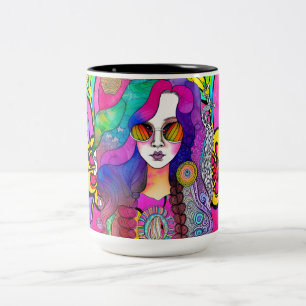 Caneca De Café Em Dois Tons Hippy Art Female com óculos Sunglass Café 15 oz Mu