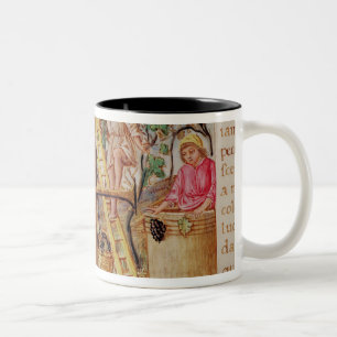 Caneca De Café Em Dois Tons Historiated rubrica "E" que descreve a colheita de