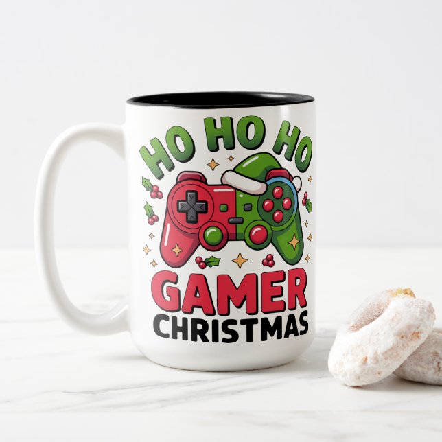 Caneca De Café Em Dois Tons Ho Ho Ho Gamer Christmas Controller Illustration (Com Donut)