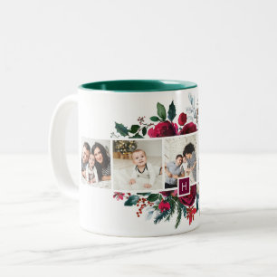 Caneca De Café Em Dois Tons Holiday Floral 5 Photo Collage Monograma Natal