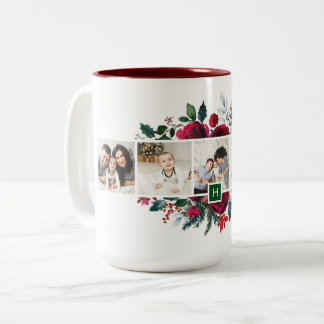 Caneca De Café Em Dois Tons Holly e Pine 5 Photo Collage Monograma Natal