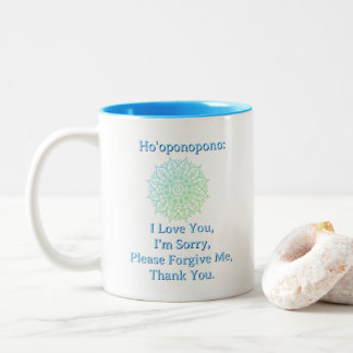 Caneca De Café Em Dois Tons Ho'oponopono Perdão Mandala Azul Verde Branco