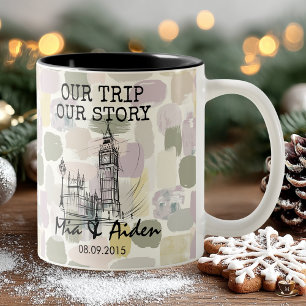 Caneca De Café Em Dois Tons Horizonte de Londres com fundo de pinceladas pasté