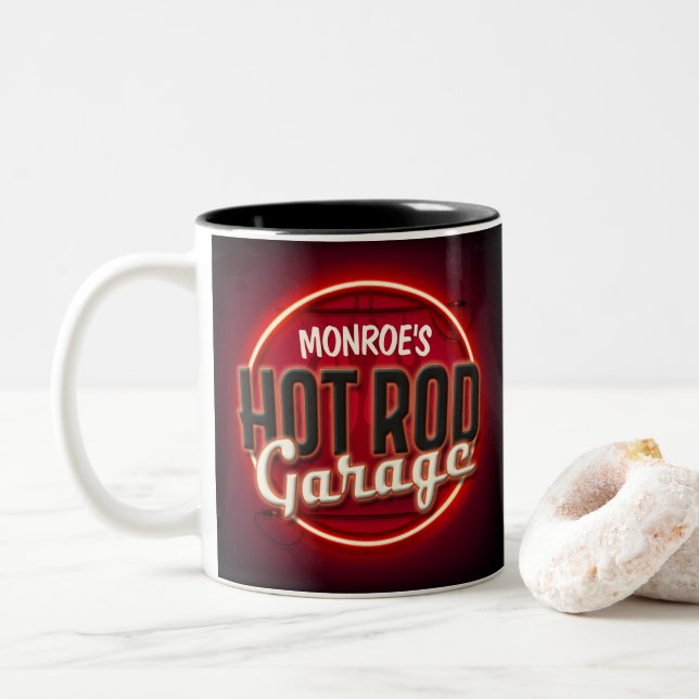 Caneca De Café Em Dois Tons Hot Rod Flames Nome Personalizado Garagem Personal (Com Donut)