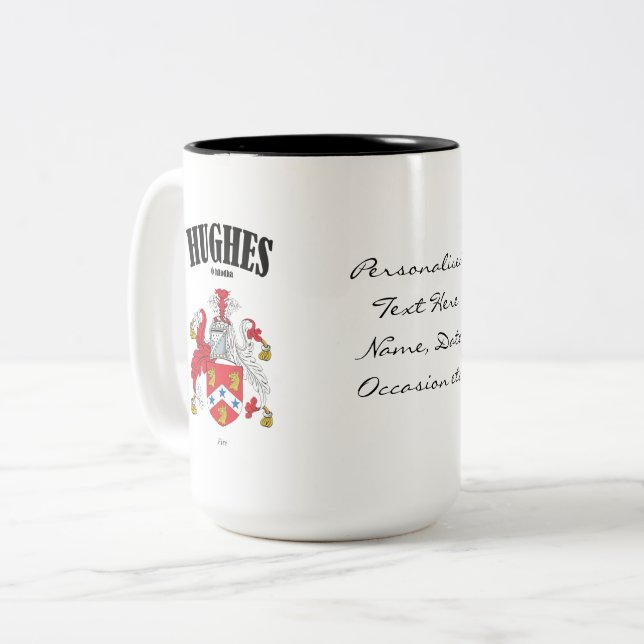 Caneca De Café Em Dois Tons Hughes Family Crest, Tradução e Significado (Frente Esquerda)