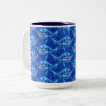 Caneca De Café Em Dois Tons Hungry Sharks<br><div class="desc">This modern,  great white shark pattern in layered ocean blues is perfect for coastal decor and sea-life lovers. The repeating shark design features great white sharks swimming across a deep blue ocean background,  creating a striking nautical aesthetic.</div>