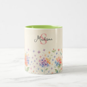 Caneca De Café Em Dois Tons Hydrangeas de Aquarela no Pastel Bloom