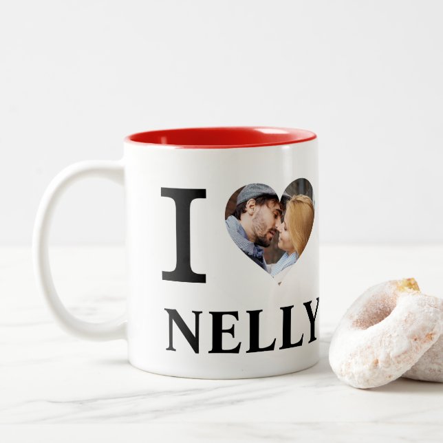 Caneca De Café Em Dois Tons I Heart Personalised Casais Photo Love (Com Donut)