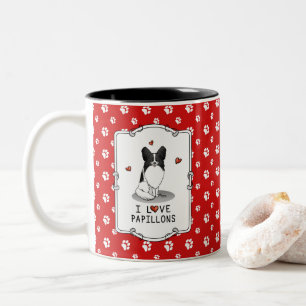 Caneca De Café Em Dois Tons I Love Papillons (branco e preto) Hearts Dogs Cute