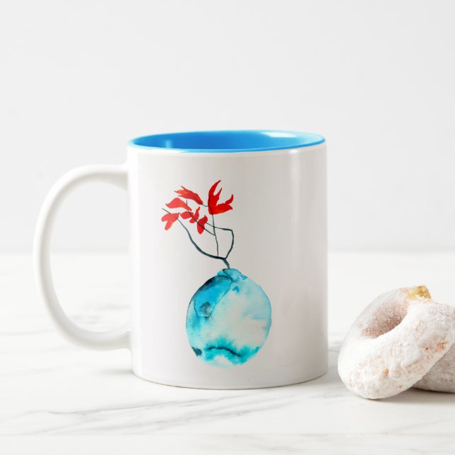 Caneca De Café Em Dois Tons Ikebana aquarela vase azul (Com Donut)