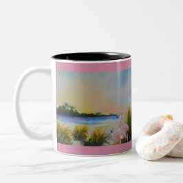 Caneca De Café Em Dois Tons Ilha Tropical Rosa Flamingos