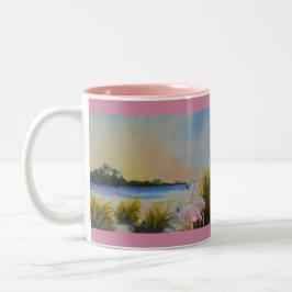 Caneca De Café Em Dois Tons Ilha Tropical Rosa Flamingos