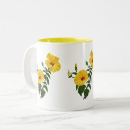 Caneca De Café Em Dois Tons Ilustração botânica do hibisco amarelo havaiano 