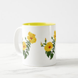 Caneca De Café Em Dois Tons Ilustração botânica do hibisco amarelo havaiano