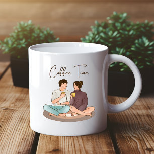 Caneca De Café Em Dois Tons Ilustração Castanha Horário do Café Casal Mug