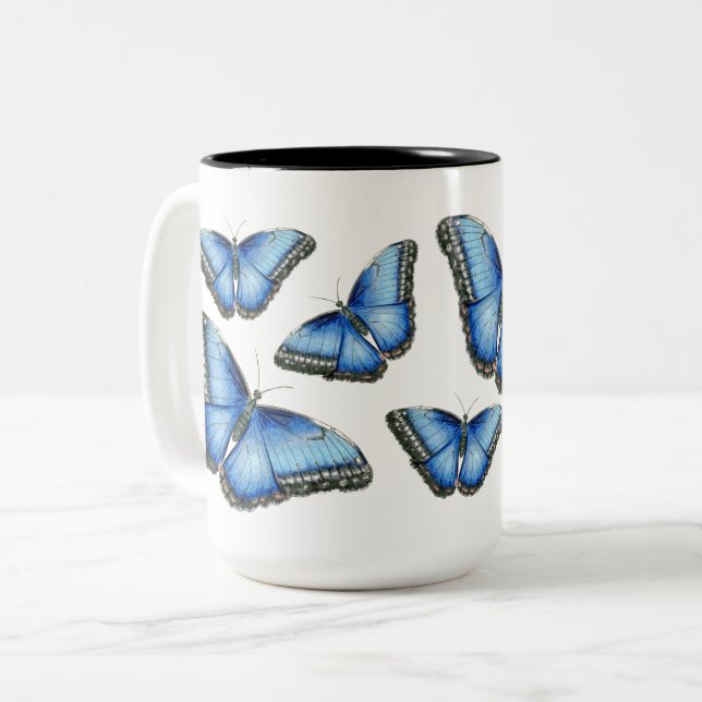 Caneca De Café Em Dois Tons Ilustração da Borboleta Morpho Azul (Frente Esquerda)