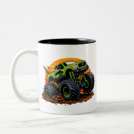 Caneca De Café Em Dois Tons Ilustração de Caminhão Monstro Verde Correndo Off-