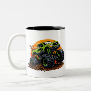 Caneca De Café Em Dois Tons Ilustração de Caminhão Monstro Verde Correndo Off-