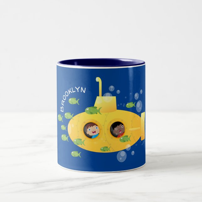 Caneca De Café Em Dois Tons Ilustração de desenho animado submarino amarelo (Centro)
