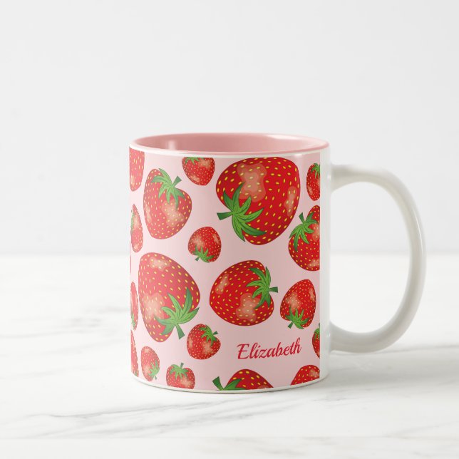 Caneca De Café Em Dois Tons Ilustração de Padrão de Morango & Nome Personaliza (Direita)