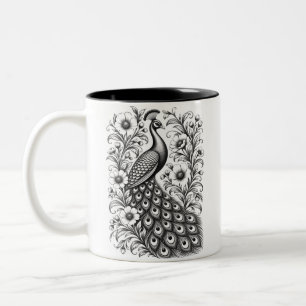 Caneca De Café Em Dois Tons Ilustração de Pavão em Arte Nova Preto e Branco