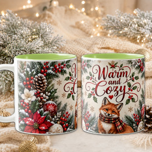 Caneca De Café Em Dois Tons Ilustração de raposa com pinhas e frutas de invern