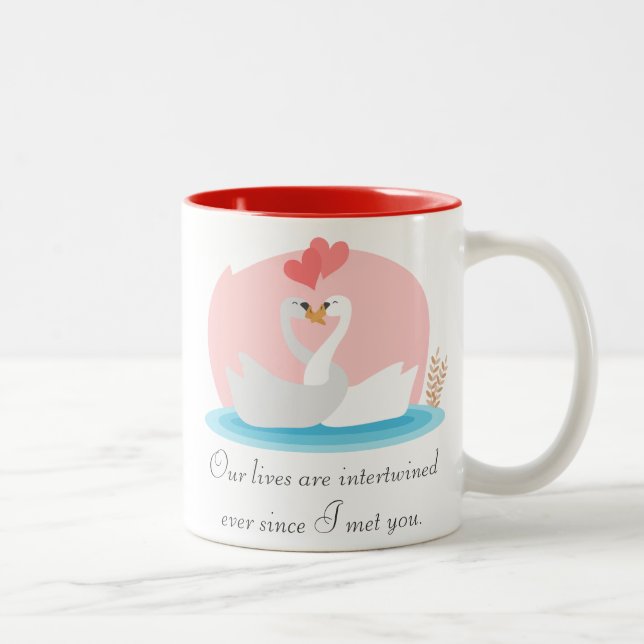 Caneca De Café Em Dois Tons Ilustração fofa de cisnes apaixonados (Direita)