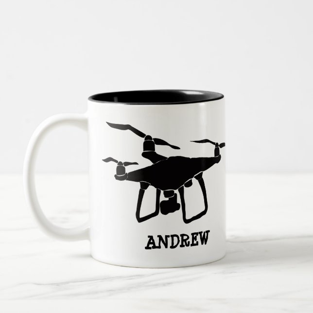 Caneca De Café Em Dois Tons Ilustração Personalizada de Drone Preto Simples (Esquerda)