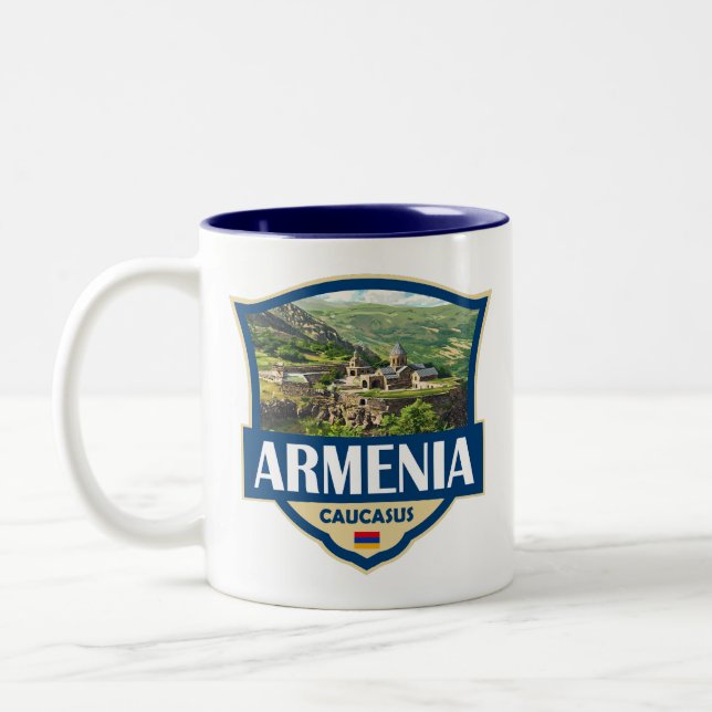 Caneca De Café Em Dois Tons Ilustração Retro Insígnia Armênia (Esquerda)