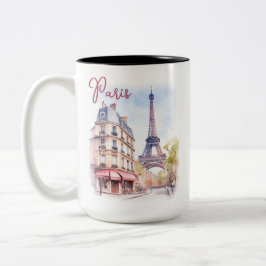 Caneca De Café Em Dois Tons Ilustração Watercolor da Torre Eiffel de Paris
