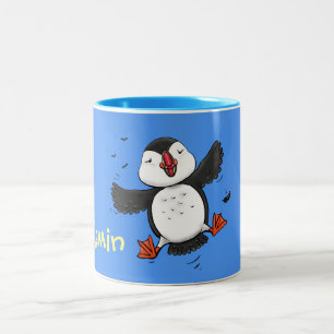 Caneca De Café Em Dois Tons Imagem de desenho animado de puffin voador bonito