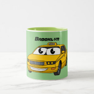 Caneca De Café Em Dois Tons Imagem de desenho animado de táxi amarelo bonito